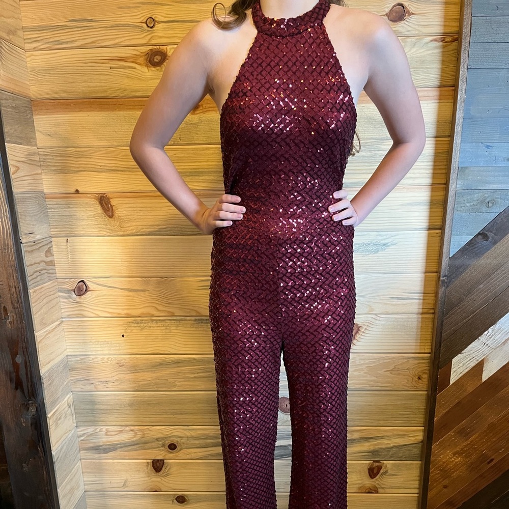 Mauve Sparkle Sequin Halter Jumpsuit Size 12 - image 1